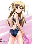  alisa_reinford ass blonde_hair competition_swimsuit eiyuu_densetsu from_behind highres homare_(suzu_no_oka) long_hair one-piece_swimsuit red_eyes sen_no_kiseki solo swimsuit towel translation_request two_side_up 