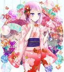  blue_eyes flower hair_flower hair_ornament japanese_clothes kay_(utd) kimono looking_away original purple_hair rose short_hair solo 