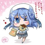  &gt;_o :3 blue_eyes blue_hair chibi double_bun doughnut eating elbow_gloves food gloves hat kantai_collection looking_at_viewer mister_donut noai_nioshi one_eye_closed pleated_skirt pon_de_lion school_uniform serafuku skirt solo translated urakaze_(kantai_collection) white_gloves white_hat 