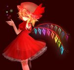 adapted_costume blonde_hair darkness dress flandre_scarlet glowing glowing_wings hat hat_ribbon mob_cap puffy_short_sleeves puffy_sleeves red_dress red_eyes ribbon see-through shaded_face short_sleeves slit_pupils solo star touhou uma_(ninjin_misaki) wings 