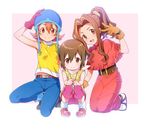  bad_id bad_twitter_id brown_eyes brown_hair digimon digimon_adventure dress gloves hat hizuki_akira jpeg_artifacts kneeling long_dress multiple_girls navel no_hat no_headwear ponytail tachikawa_mimi takenouchi_sora v yagami_hikari 