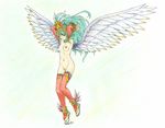  bracelet breasts closed_eyes colored_pencil_(medium) full_body green_hair harumachi_nagaaki headgear jewelry lilith_(shining_force_cross) lineart long_hair medium_breasts navel nipples nude sandals shining_(series) shining_force_cross solo thighhighs traditional_media wings 