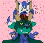  2014 affection age_difference anthro bluwolfie canine cub daughter father father_and_son female fur green_eyes hair half_dragon horn male mammal parent size_difference smile tongue wolf young 