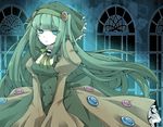  aqua_hair blue_eyes bonnet bow bowtie buttons dress frilled_dress frills garbodor gen_5_pokemon green_dress hat juliet_sleeves long_hair long_sleeves minadukimo pale_skin personification pokemon puffy_sleeves solo very_long_hair 