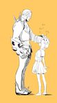  1girl ariorihaberi blush couple gamagoori_ira hand_on_another's_head height_difference hetero kill_la_kill looking_away mankanshoku_mako petting short_hair sketch skirt spikes uniform yellow_background 