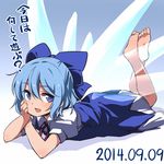  :d barefoot blue_eyes blue_hair blush bow chin_rest cirno dress feet hair_bow legs looking_at_viewer lying on_stomach open_mouth short_hair smile soles solo touhou translated wings yudepii 