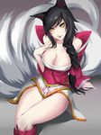  ahri animal_ears bare_shoulders black_hair braid breasts cleavage fox_ears fox_tail highres kumiko_shiba large_breasts league_of_legends long_hair looking_at_viewer low_neckline multiple_tails smile solo tail thighs yellow_eyes 