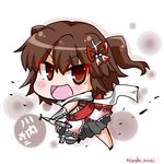  :d bangs brown_eyes brown_hair chibi hair_ornament holding kantai_collection looking_at_viewer noai_nioshi open_mouth pleated_skirt remodel_(kantai_collection) scarf school_uniform sendai_(kantai_collection) serafuku skirt smile solo torpedo translated two_side_up v-shaped_eyebrows white_scarf 