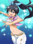  black_hair blue_eyes blush bracelet breasts cleavage earrings fang ganaha_hibiki highres idolmaster idolmaster_(classic) jewelry long_hair looking_at_viewer medium_breasts midriff navel open_mouth ponytail solo sparkle sweat tokiani 