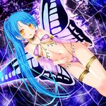  blue_hair breasts butterfly_wings commentary_request dutch_angle fairy kay_(utd) leaning_forward long_hair looking_at_viewer navel original ponytail small_breasts solo underboob wings yellow_eyes 