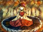  aki_minoriko apron autumn autumn_leaves blonde_hair bow food forest frilled_skirt frills fruit grapes hands_on_lap hat hat_ornament highres long_skirt looking_at_viewer mob_cap nature neck_ribbon ribbon short_hair sitting skirt smile solo touhou tree wide_sleeves yellow_eyes yuren 