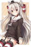  3: amatsukaze_(kantai_collection) blush brown_eyes dress dress_tug garter_straps gloves highres kantai_collection long_hair looking_at_viewer sailor_dress short_dress silver_hair single_glove solo striped striped_legwear thighhighs tomoo_(tomo) two_side_up v-shaped_eyebrows white_gloves zettai_ryouiki 