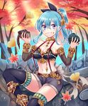  autumn blue_eyes blue_hair breasts cleavage detached_sleeves eating food food_on_face ginkgo holding leaf maple_leaf medium_breasts midriff ruins senjou_no_electro_girl shina_shina short_hair short_ponytail shorts sitting solo thighhighs 