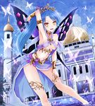  :d bent_over blue_hair breasts brown_eyes building butterfly_wings kay_(utd) long_hair looking_at_viewer navel open_mouth original ponytail small_breasts smile solo tiara underboob wings 