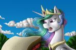  2014 anadukune cloud equine female feral food friendship_is_magic fur hair horn long_hair mammal multi-colored_hair my_little_pony open_mouth outside princess_celestia_(mlp) purple_eyes sandwich solo white_fur 