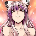  :&lt; bare_shoulders bow closed_mouth collarbone commentary_request frown fujiwara_no_mokou hair_bow kuon_yashiro long_hair looking_up red_eyes scowl solo touhou upper_body v-shaped_eyebrows white_hair 