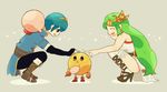  2boys bad_id bad_pixiv_id blue_eyes blue_hair bowsow candy fire_emblem fire_emblem:_monshou_no_nazo food gloves green_hair jealous kid_icarus kirby kirby_(series) lollipop long_hair marth multiple_boys nail_polish pac-man pac-man_(game) palutena petting smile super_smash_bros. thighhighs tiara 