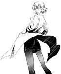  akagi_ritsuko back-seamed_legwear from_behind greyscale labcoat looking_back mole mole_under_eye monochrome neon_genesis_evangelion pantyhose seamed_legwear short_hair sketch skirt solo yuzuki_yuno 