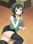  ass black_legwear blush brown_eyes green_hair hairband hashi idolmaster idolmaster_(classic) looking_at_viewer mole mole_under_mouth otonashi_kotori short_hair skirt smile solo thighhighs yellow_hairband 