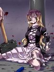  abuse bad_feet barefoot blood blood_from_mouth blood_splatter breasts bruise commentary cuffs dress gradient_hair hijiri_byakuren injury kuon_yashiro large_breasts long_hair multicolored_hair shackles sledgehammer tears touhou 