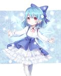  adapted_costume blue_dress blue_hair bow cirno dress hair_bow highres ice ice_wings long_sleeves mochiko_(mocchikkoo) outstretched_arms pantyhose petticoat pointy_ears red_eyes shirt smile solo striped striped_legwear touhou vertical-striped_legwear vertical_stripes wings 