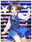  ahoge antenna_hair black_hair blush brown_eyes cardigan_vest highres idolmaster idolmaster_(classic) kikuchi_makoto long_sleeves necktie open_mouth plaid plaid_skirt school_uniform short_hair skirt smile solo sweater_vest yuuki_keisuke 