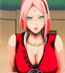  1girl 21222394 bombs breasts cleavage green_eyes haruno_sakura highres huge_tits large_breasts linda naruto naruto:_the_last naruto_the_last open_mouth pink_hair 