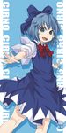  :d absurdres blue_eyes blue_hair bow bowtie character_name cirno dress hair_bow highres itsuki_(nanairo_megane) open_mouth short_hair smile touhou wings 