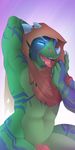  2014 anthro dinosaur hood kabier male nude penis raptor scalie solo tongue tongue_out vergence 