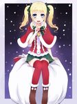  :d bad_id bad_pixiv_id blonde_hair blue_eyes capelet christmas finger_to_mouth kay_(utd) long_hair looking_at_viewer open_mouth original pleated_skirt red_legwear sitting skirt smile snowing solo thighhighs twintails zettai_ryouiki 