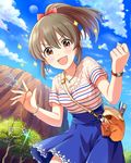  :d australia bag bracelet brown_eyes brown_hair cloud day earrings hori_yuuko idolmaster idolmaster_cinderella_girls jewelry landmark necklace open_mouth ponytail sky smile solo ufo watch 