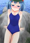  3692materia :&lt; bare_legs bare_shoulders blue_eyes blue_hair blush blush_stickers body_blush breasts cabbie_hat collarbone competition_school_swimsuit embarrassed hair_bobbles hair_ornament hat highres kawashiro_nitori lake medium_breasts moss one-piece_swimsuit rock school_swimsuit short_hair short_twintails sitting_on_rock solo swimsuit touhou twintails two_side_up water 