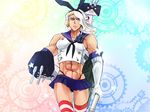  cosplay cowboy_shot elbow_gloves gloves highres jojo_no_kimyou_na_bouken kantai_collection male_focus mamegohan manly midriff muscle parody shimakaze_(kantai_collection) shimakaze_(kantai_collection)_(cosplay) solo striped striped_legwear tan thighhighs vanilla_ice white_hair 