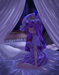  3692materia ascot bed blush breasts canopy_bed capelet crescent curvy dress frilled_pillow frills hat hat_ornament highres large_breasts long_hair looking_at_viewer patchouli_knowledge pillow purple_eyes purple_hair sitting solo striped striped_dress touhou wariza 