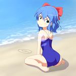  1girl ass barefoot blue_eyes blue_hair blush bow cato_(monocatienus) cirno commentary competition_school_swimsuit feet from_behind full_body hair_bow ice ice_wings legs looking_at_viewer looking_back one-piece_swimsuit petite plantar_flexion sand_writing school_swimsuit sitting smile solo swimsuit touhou tsurime wariza wavy_hair wings 