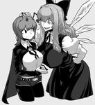  alternate_breast_size alternate_costume alternate_hair_length alternate_hairstyle antennae bow breasts cape cirno cropped_legs dress greyscale hair_bow hand_on_hip highres ice ice_wings large_breasts legwear_under_shorts long_hair monochrome multiple_girls older open_mouth pantyhose short_hair short_shorts shorts simple_background smile space_jin touhou wings wriggle_nightbug 