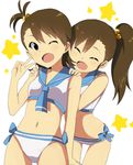  brown_eyes brown_hair closed_eyes futami_ami futami_mami hair_bobbles hair_ornament hands_on_another's_shoulders idolmaster idolmaster_(classic) looking_at_viewer midriff multiple_girls natsunagi_takaki navel one_eye_closed open_mouth siblings side_ponytail sisters star twins v 