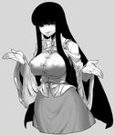  bangs blunt_bangs breasts covered_nipples cowboy_shot cropped_legs greyscale highres hime_cut houraisan_kaguya huge_breasts long_hair long_sleeves looking_at_viewer monochrome shrug simple_background smile solo space_jin touhou very_long_hair wide_sleeves 