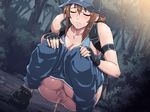  1girl animated animated_gif blush breasts brown_hair censored cleavage female nighthawk_(circle) peeing pussy solo squat squatting urine 