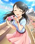  australia belt bird black_hair camera closed_eyes cloud day hair_ribbon idolmaster idolmaster_cinderella_girls jewelry kurihara_nene leaning_forward necklace real_world_location ribbon seagull skirt sky smile solo sunlight sydney sydney_opera_house umbrella watch water 