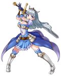  blue_eyes breasts cleavage gauntlets holding large_breasts long_hair looking_at_viewer open_mouth original pensuke silver_hair solo sword thighhighs tiara weapon zettai_ryouiki 