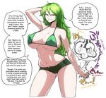  1girl bikini_top breasts castration cleavage collarbone erect_nipples green_hair green_swimsuit hard_translated huge_breasts large_breasts monet_(one_piece) one_piece short_shorts shorts smile solo space_jin squeezing swimsuit yellow_eyes 