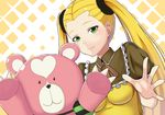  aoki_hagane_no_arpeggio blonde_hair casual green_eyes haruna_(aoki_hagane_no_arpeggio) kirishima_(aoki_hagane_no_arpeggio) long_hair looking_at_viewer pensuke smile stuffed_animal stuffed_toy teddy_bear twintails waving yotarou_(aoki_hagane_no_arpeggio) 