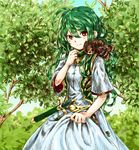  ahoge animal animal_on_shoulder athena_(p&amp;d) bad_id bad_pixiv_id bird bird_on_shoulder blue_sky dagger day dress grass green_hair holding long_hair matsuike nature outdoors owl puzzle_&amp;_dragons red_eyes sheath skirt_basket skirt_hold sky smile solo tree vest weapon white_dress 