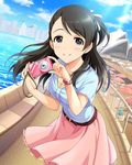  australia belt bird black_eyes black_hair camera cloud day hair_ribbon idolmaster idolmaster_cinderella_girls jewelry kurihara_nene leaning_forward necklace real_world_location ribbon seagull skirt sky smile solo sunlight sydney sydney_opera_house umbrella watch water 