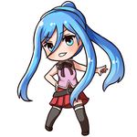  :d aoki_hagane_no_arpeggio blue_eyes blue_hair casual chibi long_hair looking_at_viewer open_mouth pensuke pleated_skirt ponytail skirt smile solo takao_(aoki_hagane_no_arpeggio) v-shaped_eyebrows 