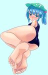  absurdres arm_support ass bare_legs bare_shoulders barefoot blue_eyes blue_hair blush blush_stickers breasts cabbie_hat embarrassed feet from_behind hair_bobbles hair_ornament hat highres kawashiro_nitori looking_back lying mashitono_desu medium_breasts on_side one-piece_swimsuit open_mouth pov_feet school_swimsuit short_hair short_twintails soles solo swimsuit toes touhou twintails 
