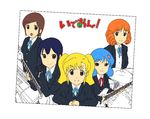  5girls banda_lotta blonde_hair blue_hair brown_hair character_request cosplay densetsu_kyojin_ideon k-on! karala_ajiba kasha_imhof kitty_kitten multiple_girls musical_instrument orange_hair parody ponytail smile twintails 