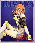  alternate_costume arm_support bare_shoulders blush bottomless breasts cleavage commentary_request gloves kneehighs large_breasts licking looking_at_viewer lovers_(tarot_card) my_pet_tentacle_monster persona persona_3 red_eyes short_hair solo takeba_yukari tarot tongue tongue_out watermark 