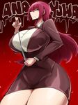  annoyed breasts brown_eyes cowboy_shot highres huge_breasts long_hair looking_at_viewer mumumu_(three_emu) original pointer quality red_hair solo teacher thighs 